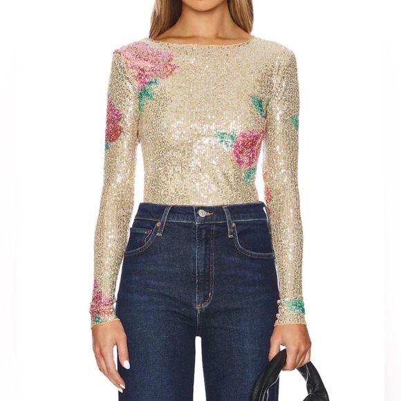 Free People Tops - FREE PEOPLE Gold Sequin Floral Top Size Large Long Sleeve Sheer Stretch